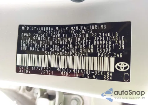 2023 Toyota Corolla Le из США, поврежденный, VIN 5YFB4MDEXPP068946